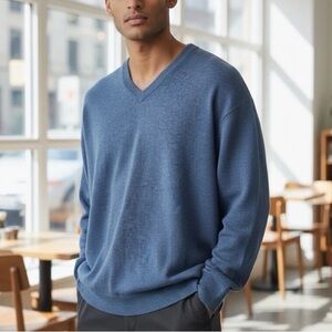 Tahari Pure Luxe Men's Sweater Blue 100% Cashmere V-Neck Long Sleeve Sz M